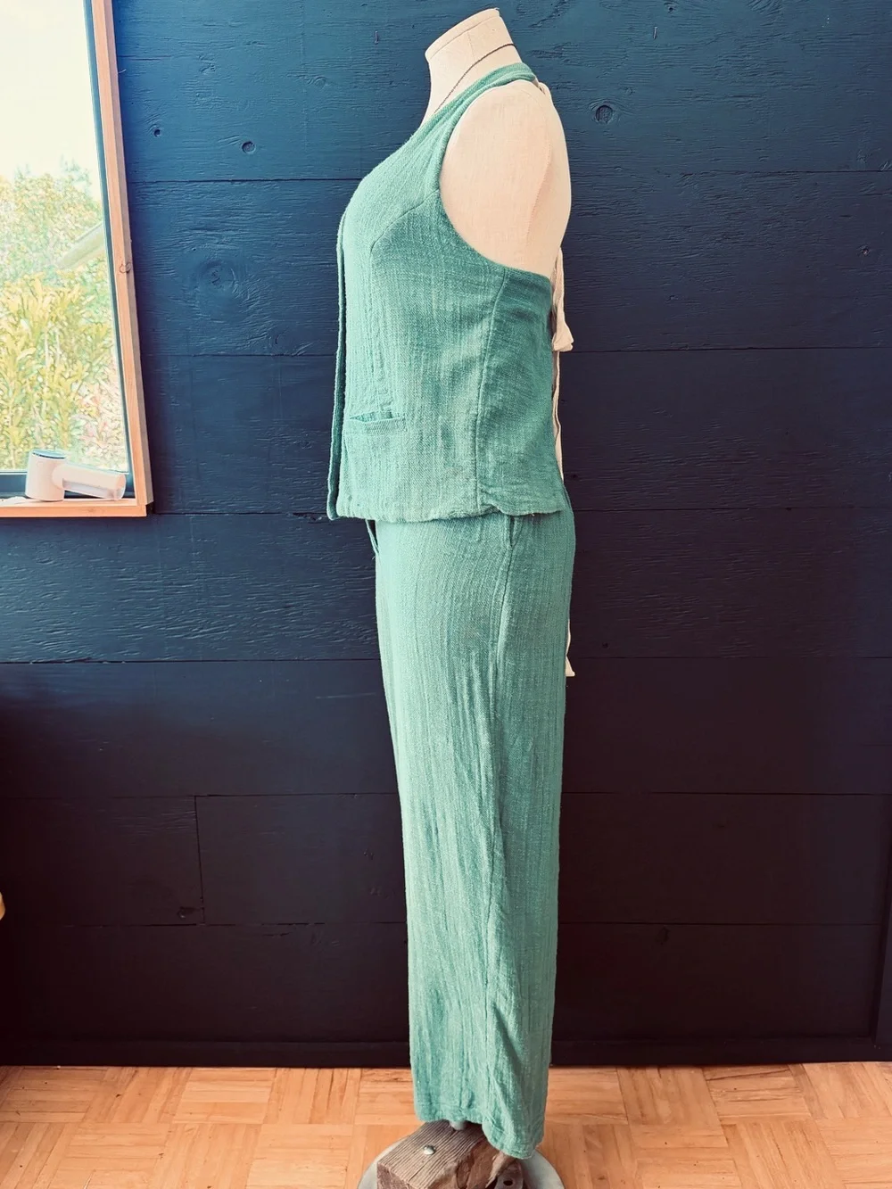 Free People Take Me To Paris, Sage Green Linen-Halter, Wide Leg Pants Set Size S